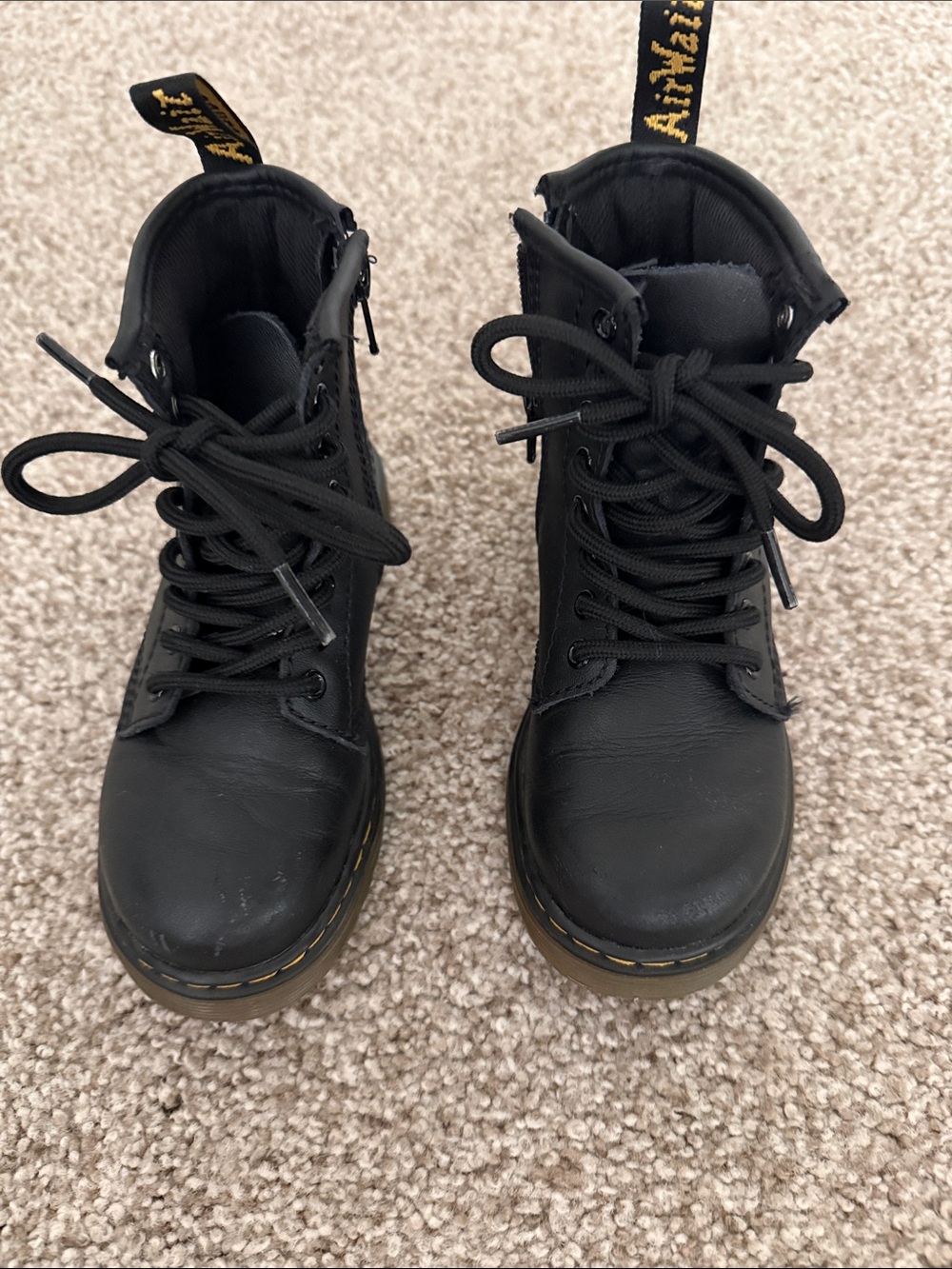 Dr. Martens Kids Black Lace-Up Ankle Boots with Yellow Stitching